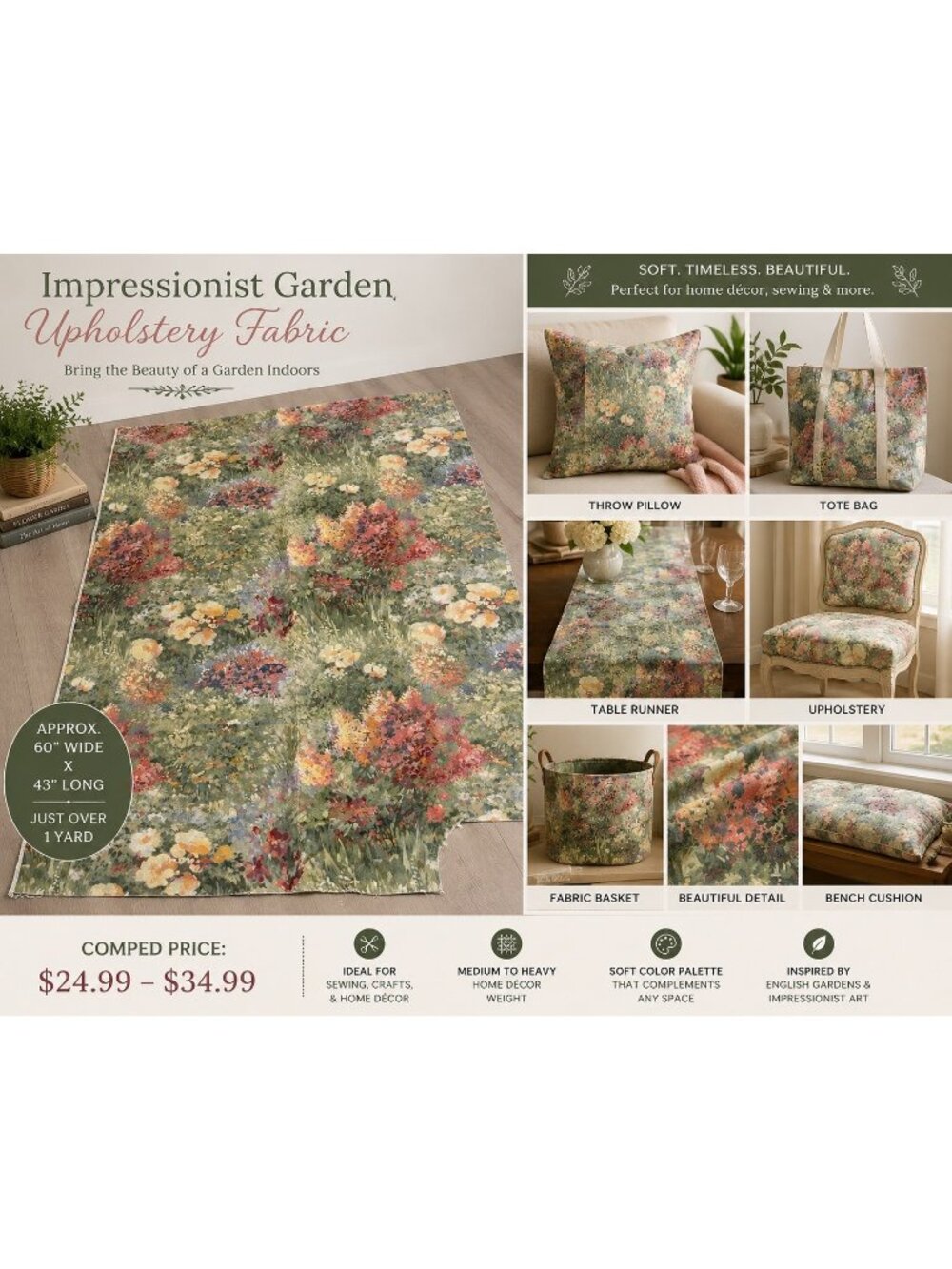 Impressionist Garden Floral Upholstery Fabric Remnant | Cottagecore Botanical Ho
